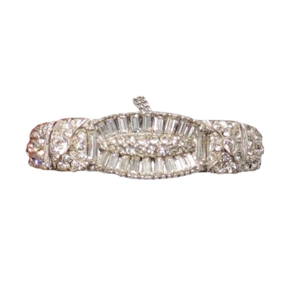 Vintage 1950s Signed Ledo Rhodium Plated Clear Rhinestone Cuff Bracelet